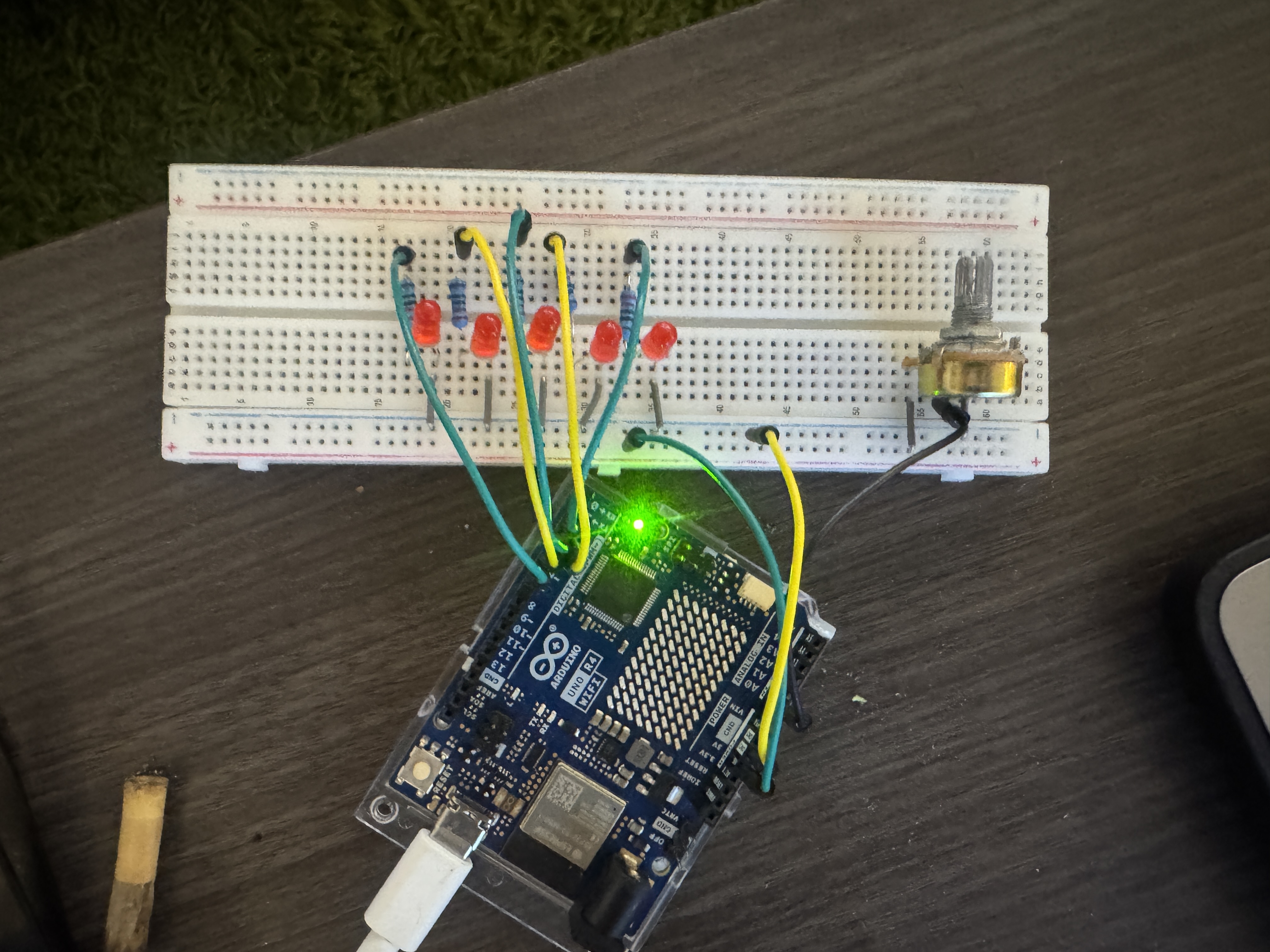 Photo of breadboard with 5 led's connected
